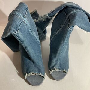 Lola Shoetique Denim Open Toe, High Heel , knee High Boots size 7
